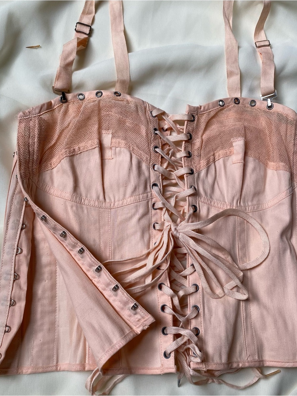 Vintage 1950s 60s Peach Merry Widow Bustier Corset Lace Up Boned Coquette Pinup - Picture 5 of 7